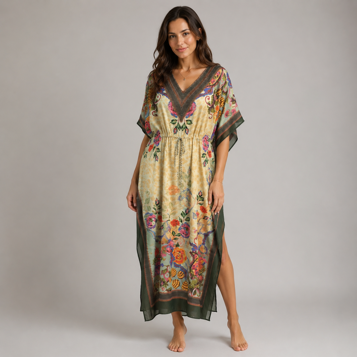 Floral Garden Drawstring Kaftan Green Border