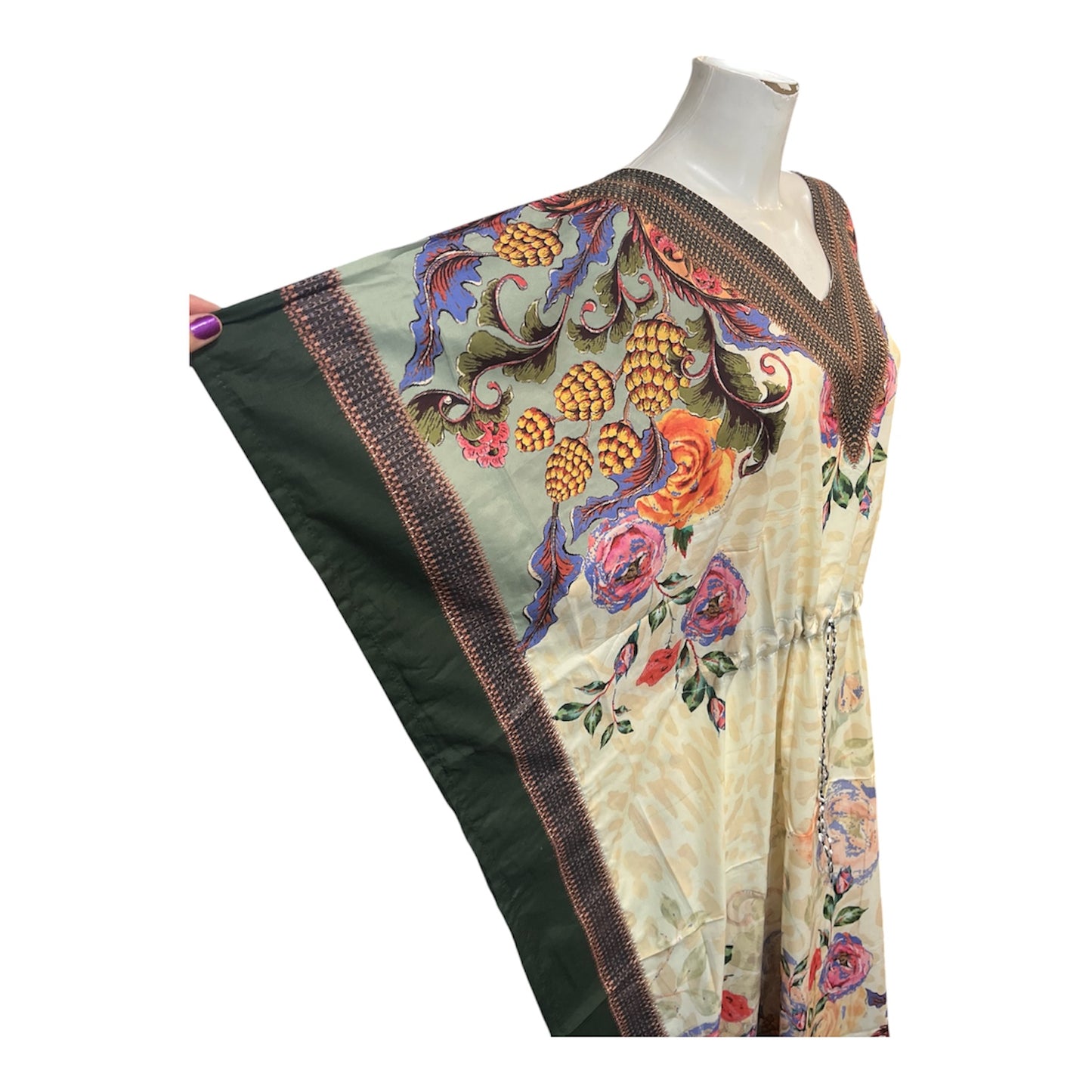 Floral Garden Drawstring Kaftan Green Border