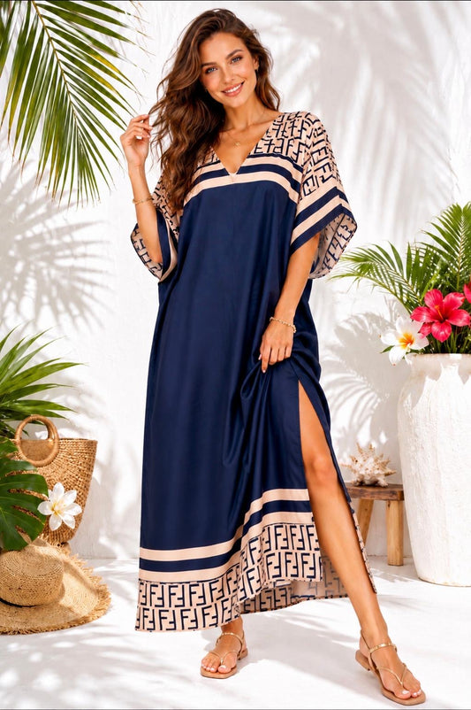 Navy & Beige Geometric Border Kaftan