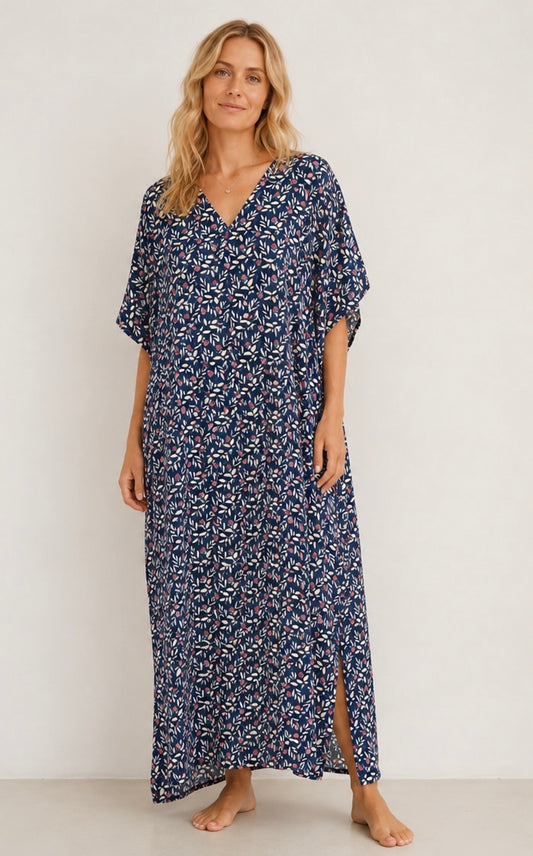 Blue floral v neck kaftan