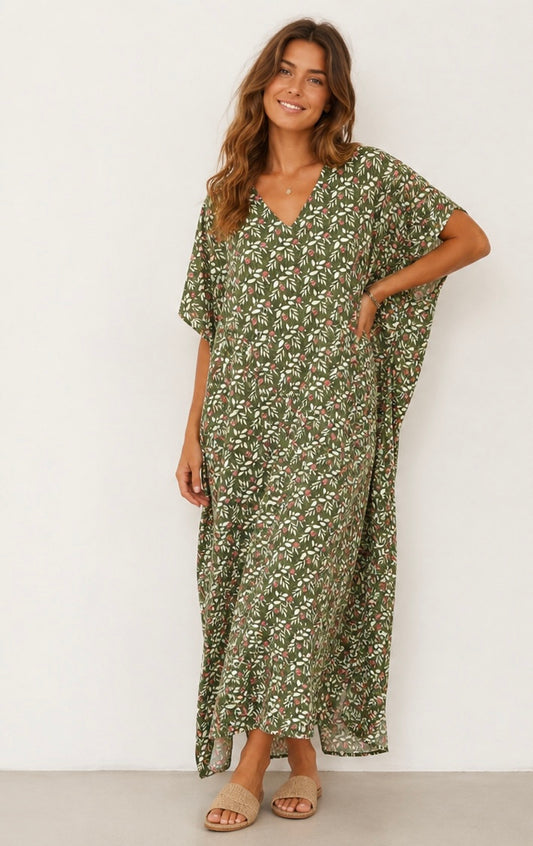 Green Floral V Neck Kaftan