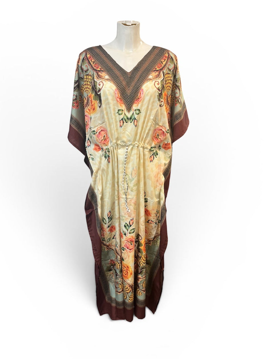 Floral Garden Drawstring Kaftan Brown Border