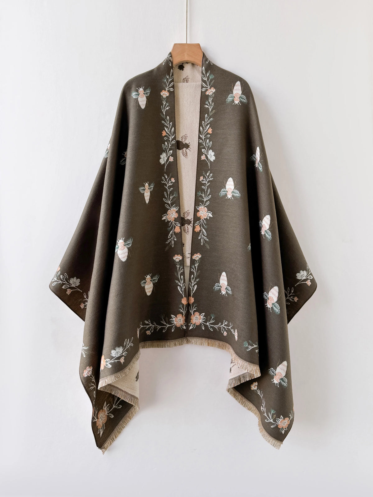Bee Floral Print Open Front Shawl Wrap,