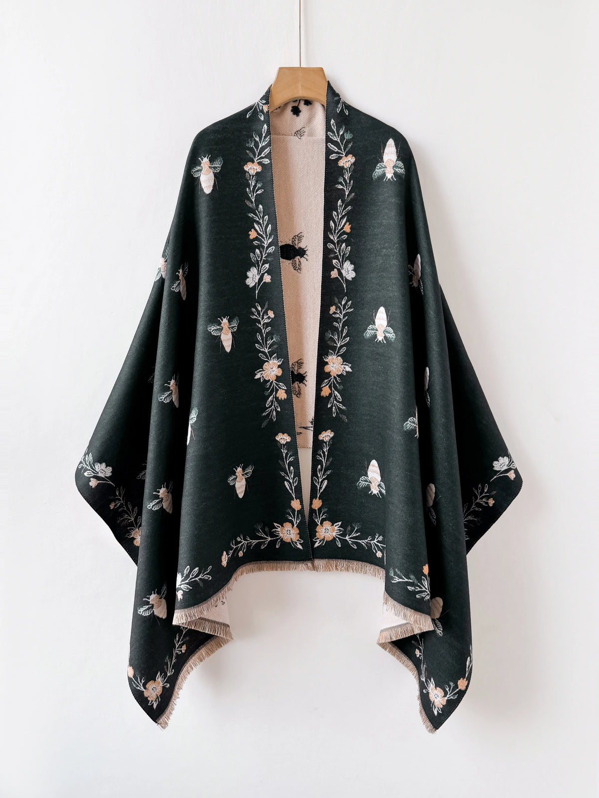 Bee Floral Print Open Front Shawl Wrap,