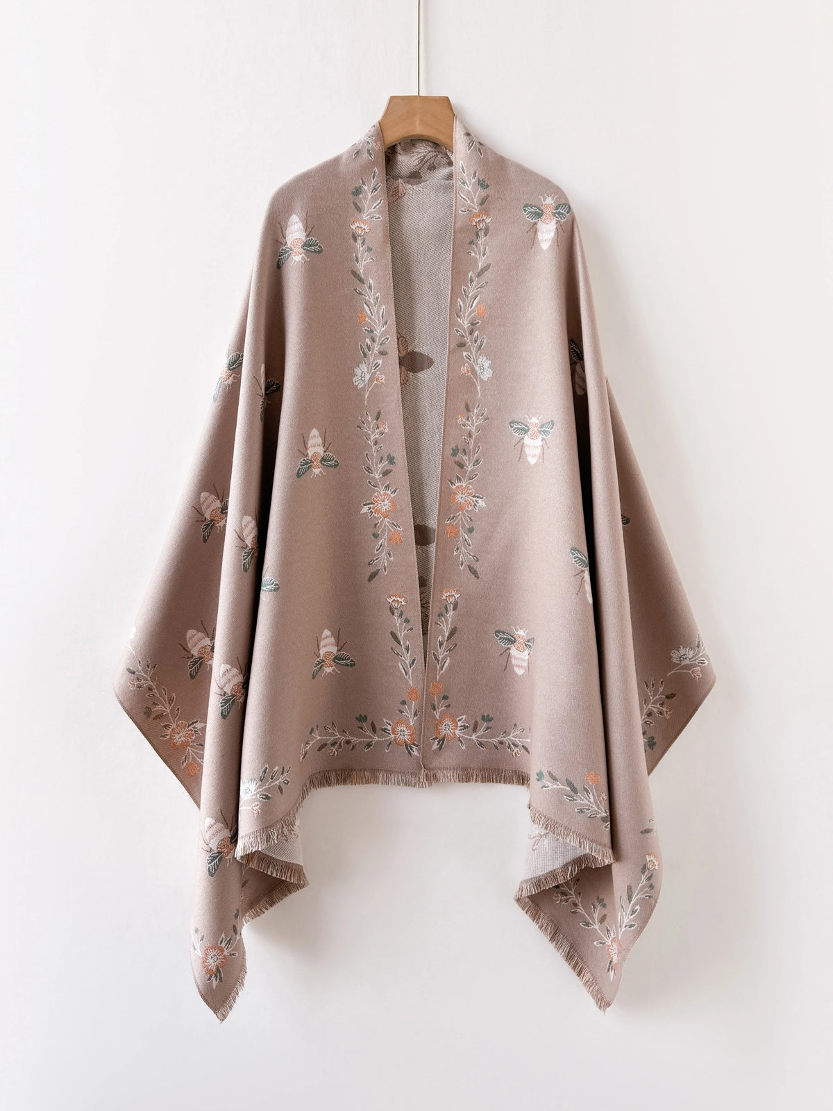 Bee Floral Print Open Front Shawl Wrap,
