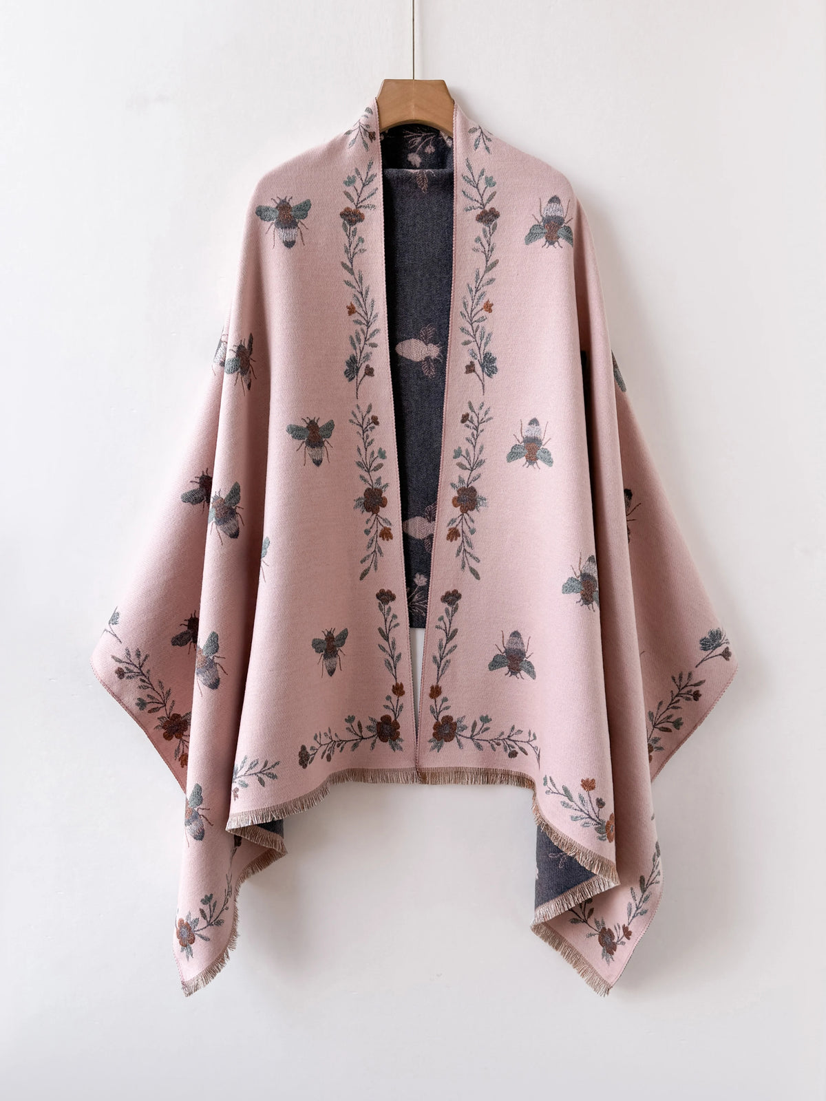 Bee Floral Print Open Front Shawl Wrap,