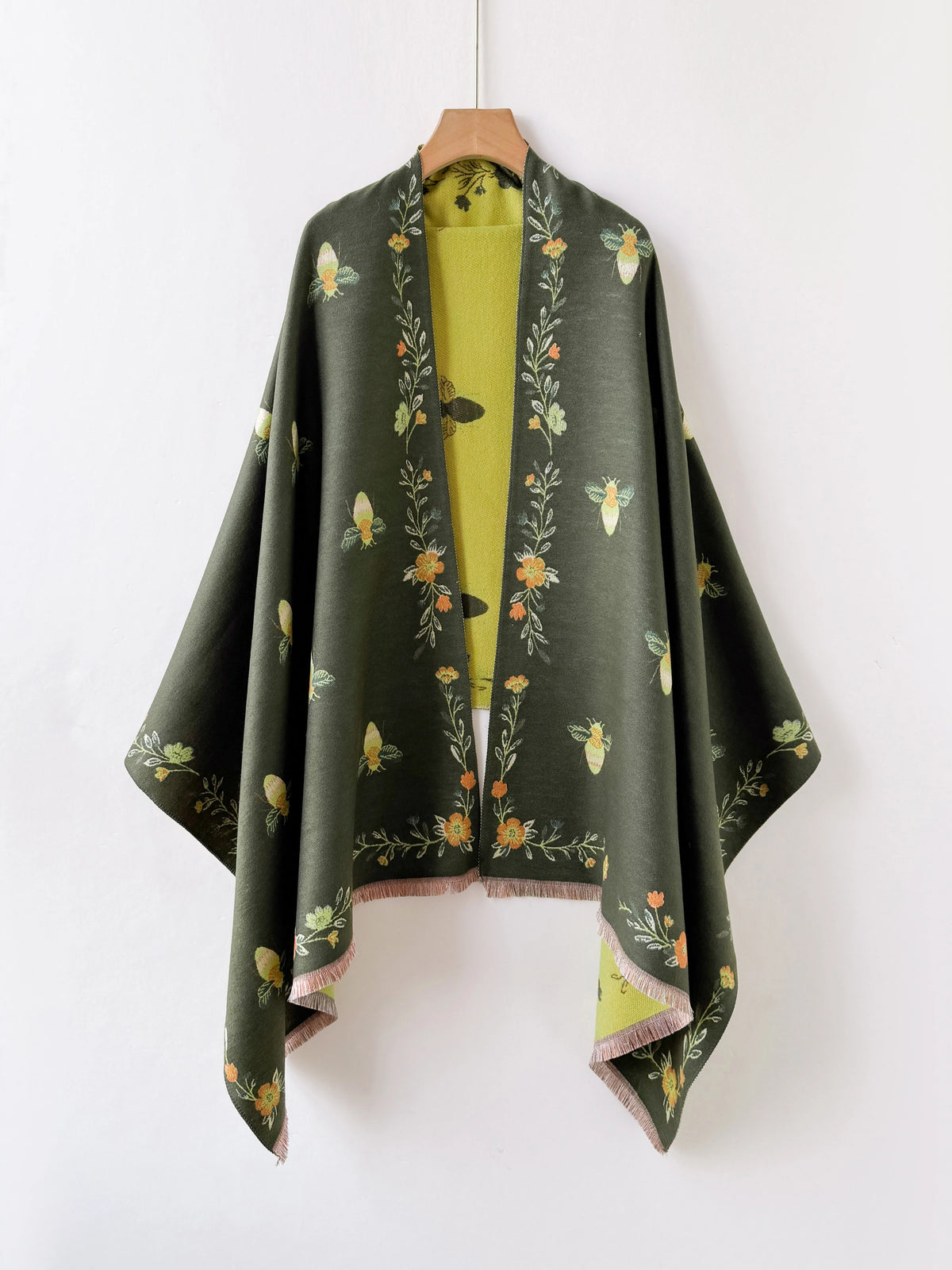 Bee Floral Print Open Front Shawl Wrap,