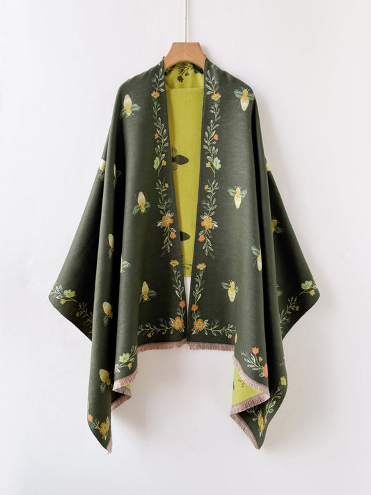 Bee Floral Print Open Front Shawl Wrap,